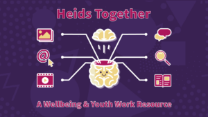 Cartoon style graphic of all the different wellbeing resources compiled in the Heids Together resource