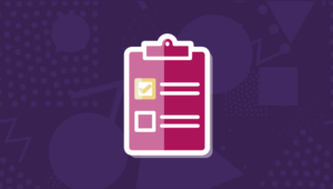 Graphic of a clipboard on a purple background.