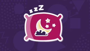 Graphic of a pillow with the moon and stars on it and 'zzz' above.