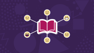 Graphic of a book, with a series of smilies around it, each portraying a different emotion.