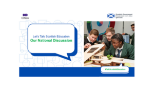 Let's talk Scottish Education speech bubble and image of young people in classroom