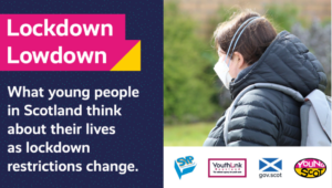 Publication of Lockdown Lowdown. Young person looking away wearing face mask