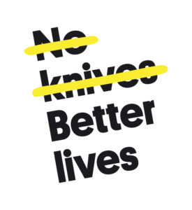 No Knives, Better Lives logo. Black text with yellow strike through on the words 'no knives'