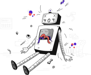 Cartoon graphic of a robot malfunctioning with a 404 error message