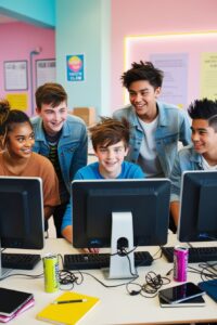 Image showing five young people gathered round a computer screen.