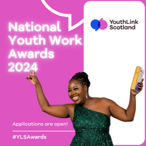 #YLSAward 2024 Nominations thumbnail. A pink and white background with a previous winner cut out in front holding their trophy and cheering.
