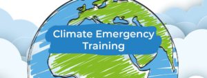 Climate Emergency Training heading with planet Earth behind