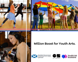 A collage of young people being creative. Image 1 is of people dancing in a studio in front of a mirror. Inage 2 is young people throwing a rainbow parachute in the air. Image 3 is a young person singing and playing the guitar in a recording studio.