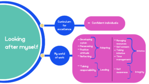 Large circle on the left with the word 'Looking after myself' in it. Two branches moving off to the right. One says 'Curriculum for Excellence' linking on to 'Confident Individuals'. The other says 'My world of work' linking on to 'Developing a plan', 'Persevering', 'Positive attitude', and 'Reflecting' (which link onto 'adapting'). Underneath that 'Taking responsibility' links to 'Leading'. ' Managing resources', 'Self esteem', 'Taking initiative', 'Time management' all lead to 'Initiative'. 'Self awareness' leads to 'Integrity'.