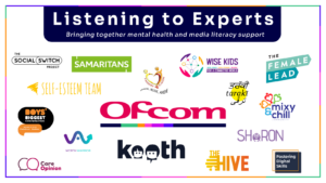 Collage of logos from organisations taking part in OfCom's mental health campaign in 2023.