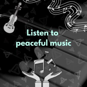 Graphic of lots of musical notes, a violin and a pair of hands. Text reads 'Listen to peaceful music'.