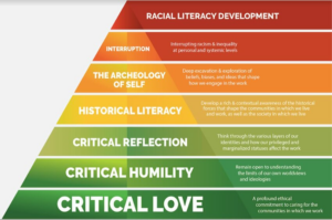 Diagram of different stages of racial literacy development, in a pyramid shape