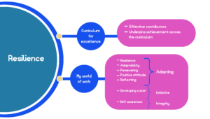 Large circle on the left with the word 'Resilience' in it. Two branches moving off to the right. One says 'Curriculum for Excellence' linking on to 'Effective contributors' and 'Underpins achievement across the curriculum'. The other says 'My world of work' linking on to 'Resilience', 'Adaptability', 'Perservering', 'Positive attitude' and 'Reflecting' (all leading on to 'Adapting'). Then 'Developing a plan' (leading on to 'Initiative'. And 'Self awareness' (leading on to 'Integrity)