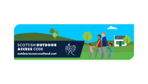 Thumbnail for Scottish Outdoor Access code with cartoon graphic of young people in nature.