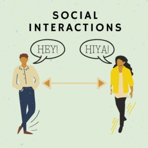Graphic of two people facing each other, one saying 'Hey!' and the other saying 'Hiya!'. Two way arrow between them. Text reads 'Social Interactions'.