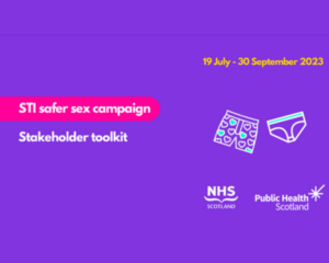 STI safer sex campaign. A purple background with underwear illustrations.