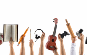 Hands holding up musical instruments, rolling pin etc