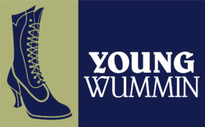 Youngwummin logo featuring a suffragettes boot