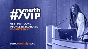 Promotional thumbnail for Youth VIP website with young person giving speech at a conference podium