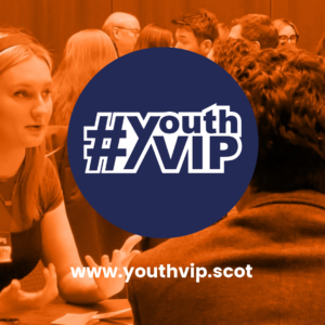 square image with Youth VIP logo and young people chatting around tables