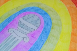 Drawing of a microphones with various colours of the rainbow above it.