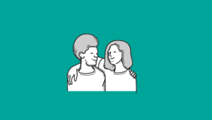 Graphic of a man and a woman smiling, with their arms around each other.