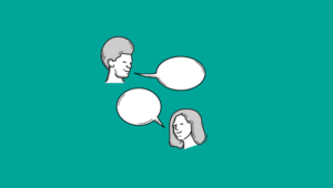 Graphic of the head of a man and of a woman, with a speech bubble coming out of each.